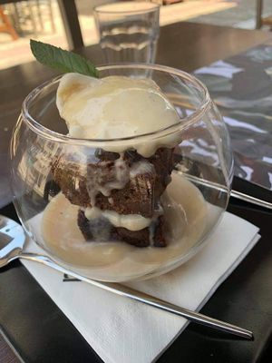 Brownie & vanilla ice cream at roots in Thessaloniki