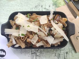 Traditional dinkel pasta with mushrooms at roots in Thessaloniki