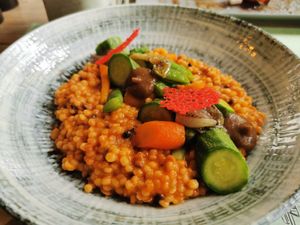 Fregola couscous with veggies at roots in Thessaloniki
