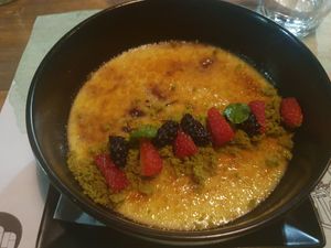 Dessert a creme with caramel on the top at roots in Thessaloniki