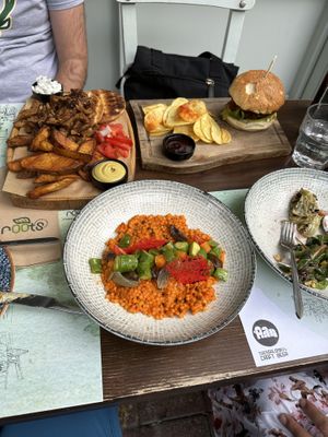 Fregola, vegan gyros, mushroom and walnut burgerrs  at roots in Thessaloniki