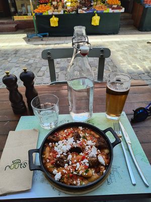 Main course beans and vegan feta at roots in Thessaloniki
