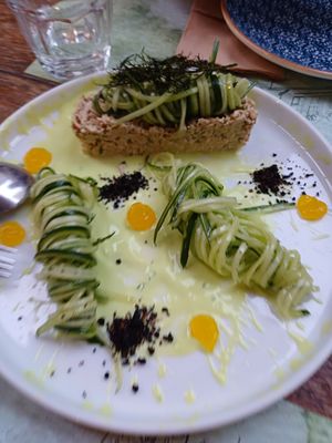 "Crab" mixture with cucumber spaghetti at roots in Thessaloniki