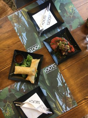 Spring rolls and stuffed aubergines with guacamole at roots in Thessaloniki