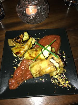 Aubergine stuffed with guacamole at roots in Thessaloniki