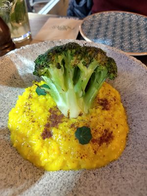Lemon risotto with baked broccoli at roots in Thessaloniki