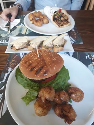 Vegan burger, Canapés and gyros. at roots in Thessaloniki