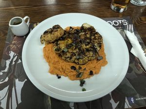 Cauliflower Steak with sweet potatoe mush at roots in Thessaloniki