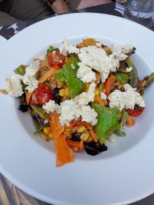 Orzo salad with vegan feta  at roots in Thessaloniki