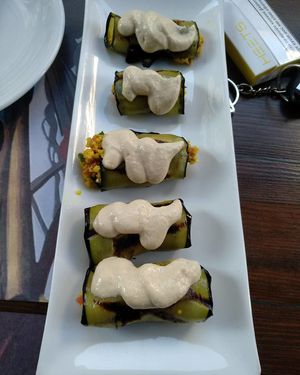 Eggplant rolls filled with amaranth, gluten free at roots in Thessaloniki