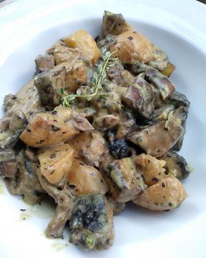Mushrooms sauteed with herbs and baby potatoes at roots in Thessaloniki