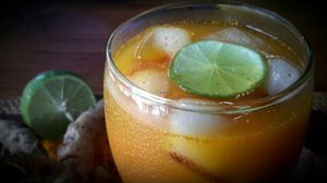 Iced herbal anti-inflammatory Jamu made from ginger, tamarind and lemon. at Wulan Vegetarian Warung in Ubud