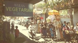 Never know what you'll see on the street at Wulan Vegetarian Warung in Ubud