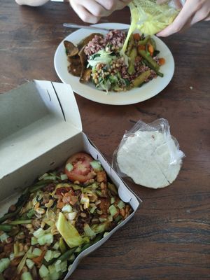 Spicy tempeh dish (front) and curry (back) at Wulan Vegetarian Warung in Ubud