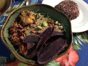 Nice rice dish with peanut sauce  at Wulan Vegetarian Warung in Ubud