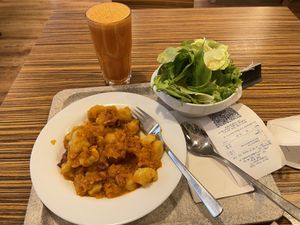 Pumpkin gnocchi, salad and carrot-apple-juice   at Maran Vegan Bistro in Vienna