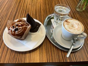 Cappuccino, muffin, and chocolate cone at Maran Vegan Bistro in Vienna