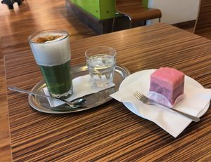 Punschkrapfen and matcha latte at Maran Vegan Bistro in Vienna