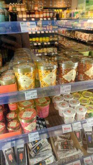 many vegan ice-creams in the store at Maran Vegan Bistro in Vienna