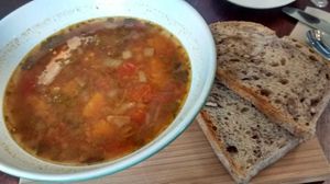 Soup - butternut squash, smoked jalapeno, aduki bean, with walnut bread at Breadshare Bakery and Cafe in Edinburgh