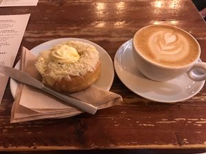Tropical donut and oat latte at Brew Lab in Edinburgh