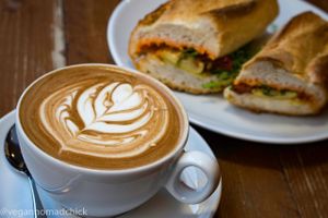 Soya mocha and romesco, roasted tomato, artichoke, rocket baguette. All vegan! at Brew Lab in Edinburgh