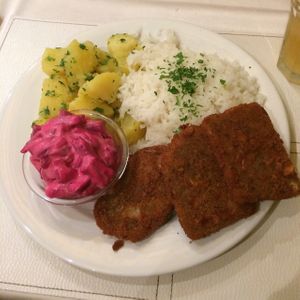 Seitan steaks with potatoes, jasmine rice and maionese with beet (delicious!). at Napfenyes Bistro in Budapest