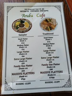 Menu at Andu Caffe in East London