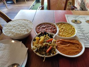 Sampler, small platter with rice instead of injera. at Andu Caffe in East London