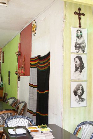 Andu Cafe's Interior design - drawings of Ethiopian culture at Andu Caffe in East London