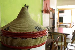 Andu Cafe interior look with Mesob - Ethiopian traditional food container at Andu Caffe in East London