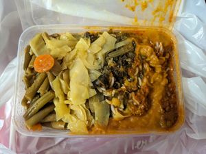 Takeaway rice box at Andu Caffe in East London