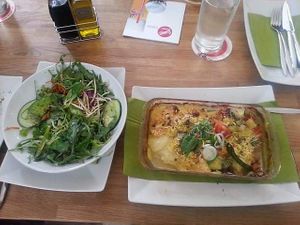 Salad and potato/veggie dish at triVida in Klagenfurt