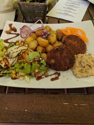 Soya patties with fried potatoes at triVida in Klagenfurt