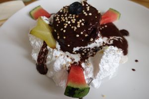 "Veganer" Dessert, a cake with all of these toppings freshly baked! at triVida in Klagenfurt