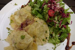 Daily menu, delicious and very cheap includind a soup! This is a ravioli with mushrooms inside at triVida in Klagenfurt