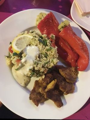 filled paprika, tabbouleh and soy-steak. all vegan. at Butze in Dusseldorf