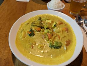 Yellow curry with vegetables and tofu and small rice ($20) at Maui Thai Bistro in Kihei