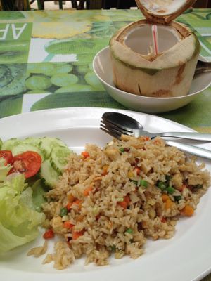Fried rice with veggies and a fresh coconut at Mild cafe in Chiang Mai