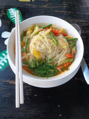 The yellow noodle in curry soup, good stuff! Be sure to ask them to replace the yellow noodle with white if you are vegan, as yellow noodles are made with egg. at Mild cafe in Chiang Mai