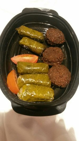 Stuffed vine leaves and falafels (vine leave mezze vegan) at Oranaise Cafe in Leeds