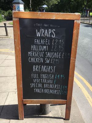 vegan options outside board at Oranaise Cafe in Leeds