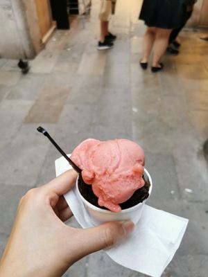 Strawberry sorbet and vegan dark chocolate gelato at Gelatoteca SuSo in Venice