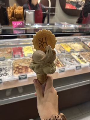 Pistachio and nocciela (hazelnut)  at Gelatoteca SuSo in Venice