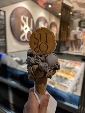 black sesame (top) and coffee (bottom) flavours at Gelatoteca SuSo in Venice