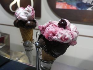 Chocolate sorbet and ‘Vegano’ cherry ice cream at Gelatoteca SuSo in Venice
