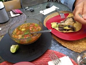 Soup and tacos at Taller Veganico in Monterrey