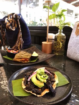 Tostada de Ceviche Negro y Tamal de Verduras at Taller Veganico in Monterrey
