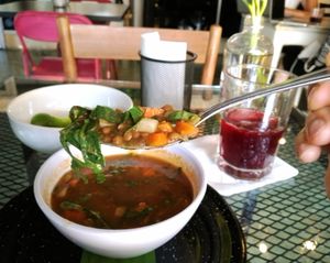 Sopa del día, caldo de lentejas at Taller Veganico in Monterrey