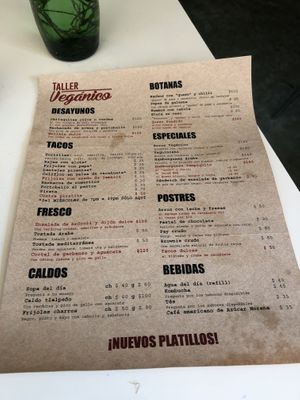 Menu at Taller Veganico in Monterrey